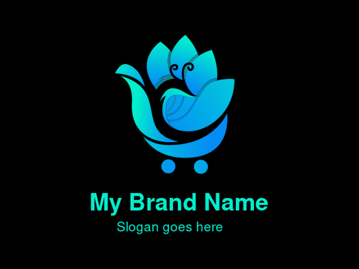 Blue and Teal Gradient Peacock Bird Abstractly Shaped Like a Flower on a Shopping Cart Logo